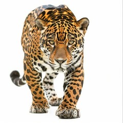 Studio shot of a jaguar advancing on a white background, displaying its focused gaze and powerful presence