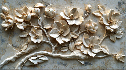 Intricate beige stone carving of blooming flowers and branches.