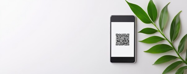 A smartphone displaying a QR code beside a green leaf, set against a clean, white background, symbolizing technology and nature.