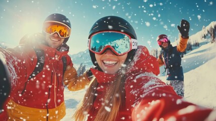 Cheerful group of skier friends take a selfie portrait on a ski slope in a mountain resort