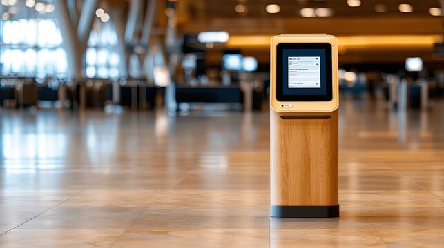 A modern information kiosk stands in an empty airport terminal, showcasing sleek design and digital interface.