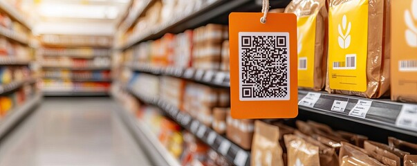 A close-up of a QR code tag on a product shelf in a grocery store, highlighting digital shopping integration and product information accessibility.
