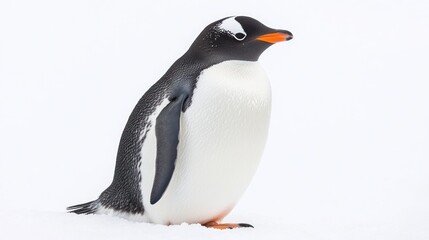 Obraz premium A solitary penguin stands on a snowy landscape, showcasing its distinctive features.