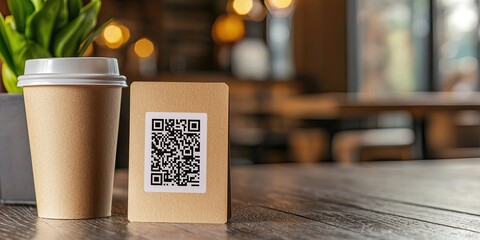 A coffee cup and a QR code on a table, with a plant in the background, creating a cozy cafe atmosphere.