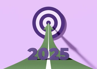 Green arrow in the form of a road with calendar number 2025 pointing towards a target on purple background. Concept of growth, purpose and business success in new year 2025. 3d illustration, render.