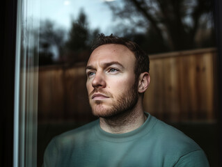 Reflective Male Portrait Through Window in Moody Outdoor Setting
