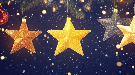 Naklejka premium Merry Christmas and happy new year, Christmas stars lights with falling snow, snowflakes, Winter and new year holidays.