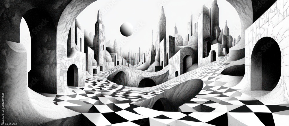 Poster a surreal black-and-white landscape featuring abstract structures and geometric patterns.