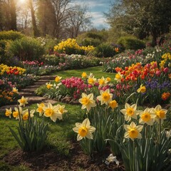 A vibrant garden with daffodils, tulips, and butterflies fluttering around.