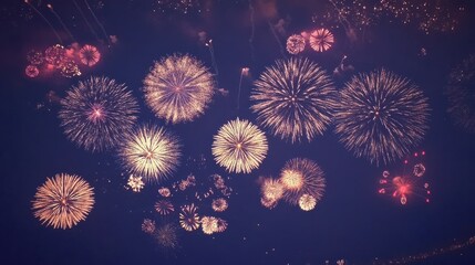 Obraz premium Silvester, new year, new years eve, New Year's Eve, 2025 fireworks background banner panorama long new year card- Colorful firework pyrotechnic on rustic dark blue night sky texture