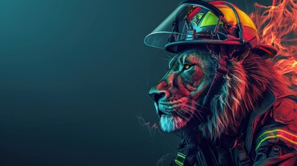 A lion wearing firefighting gear on a dark blue background, AI generated image