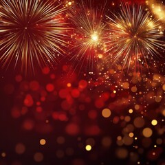 Obraz premium Sylvester, New year's eve, celebration, fireworks on dark red background with golden shining bokeh, banner, greeting card