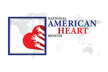 American heart month. Vector banner for social media. Illustration with text American heart month 2025. The U.S. flag in the shape of a heart