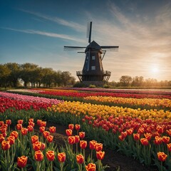 A vibrant tulip garden with a windmill in the distance and a clear sky above.