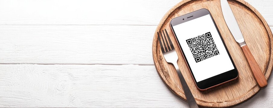 A smartphone displaying a QR code rests on a wooden plate, accompanied by a knife and fork, suggesting a modern dining experience.
