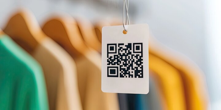 A clothing tag featuring a QR code, hanging among colorful garments, showcasing modern retail technology. - Powered by Adobe