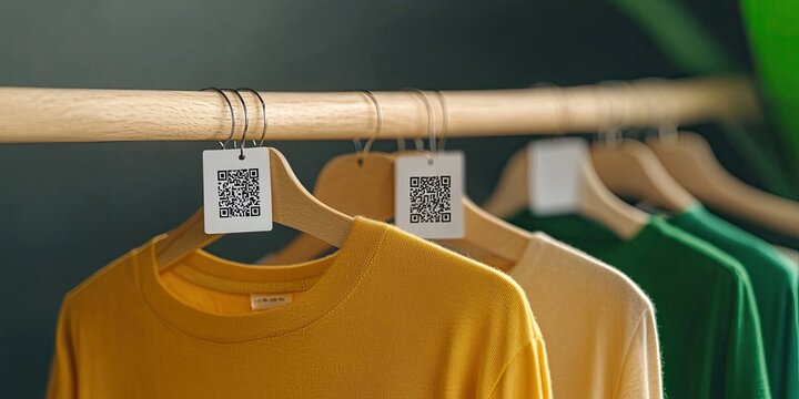 Colorful t-shirts hang on a wooden rack, each with a QR code tag for digital access or information, set against a green backdrop.