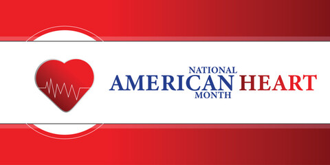 American heart month. Vector banner for social media. Illustration with text American heart month 2025. The U.S. flag in the shape of a heart