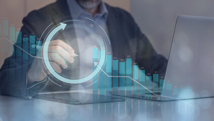 Businessman analysing performance increase of business market. Goal of business new year concept.