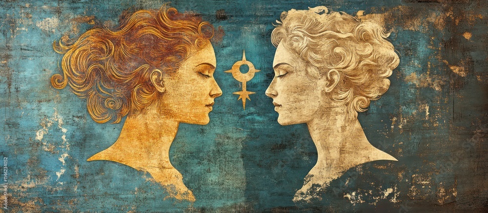 Aufkleber two stylized faces in profile, symbolizing duality and unity with a central emblem.