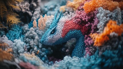 Fototapeta premium Colorful dragon nestled in vibrant, textured, fluffy clouds.