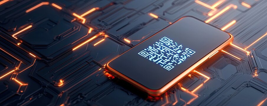 A sleek smartphone displaying a QR code, set against a futuristic circuit board background with glowing orange lines.