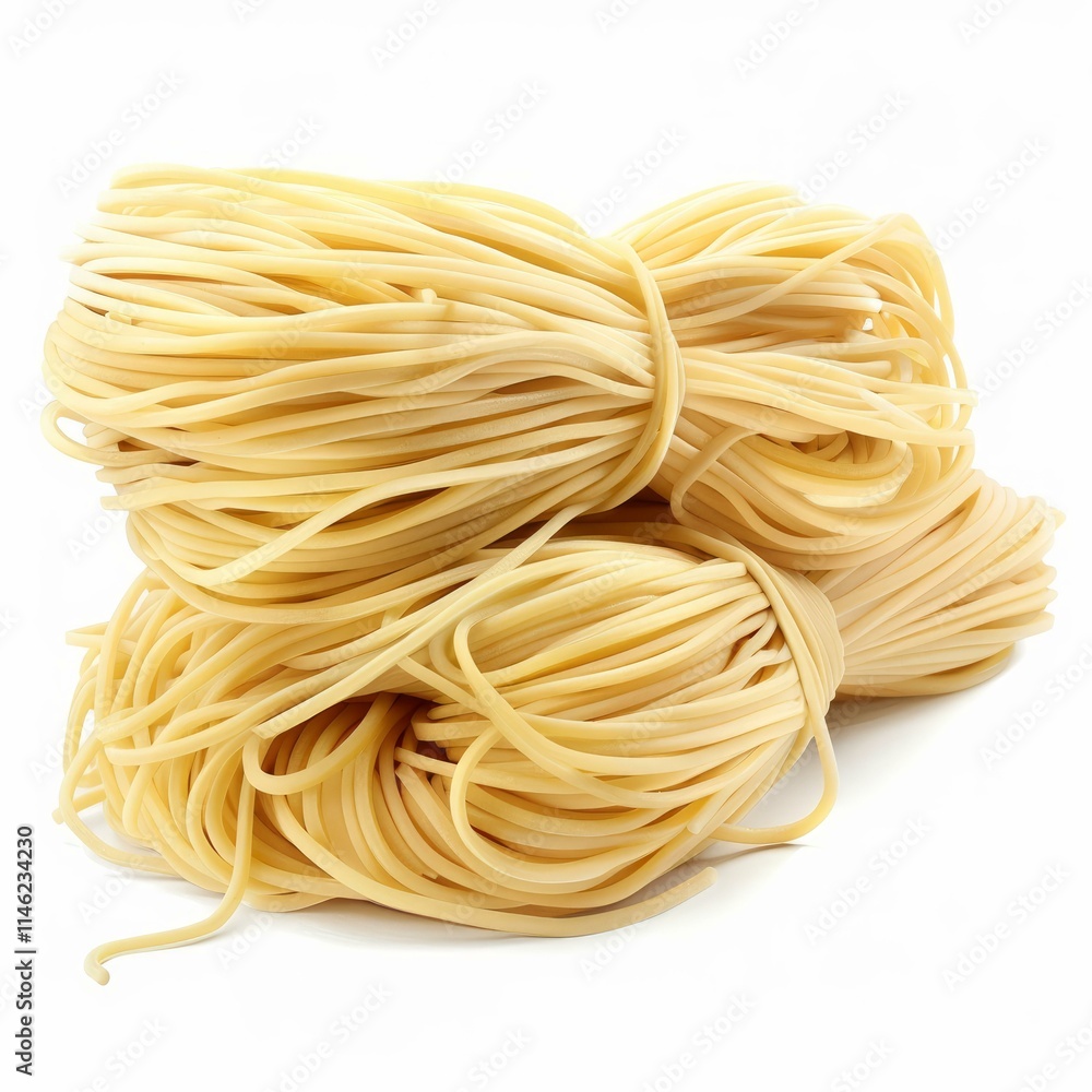 Poster uncooked spaghetti bundles tied with rubber bands rest on a white background, creating a simple yet 