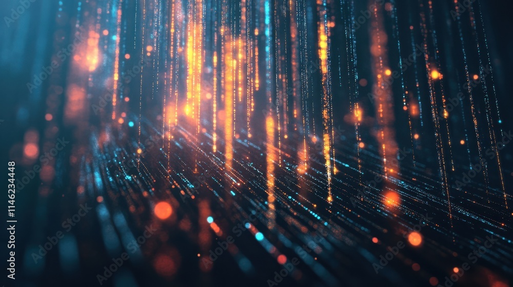 Poster abstract data transmission visualization. big data code representation. glittering dust of lights. g