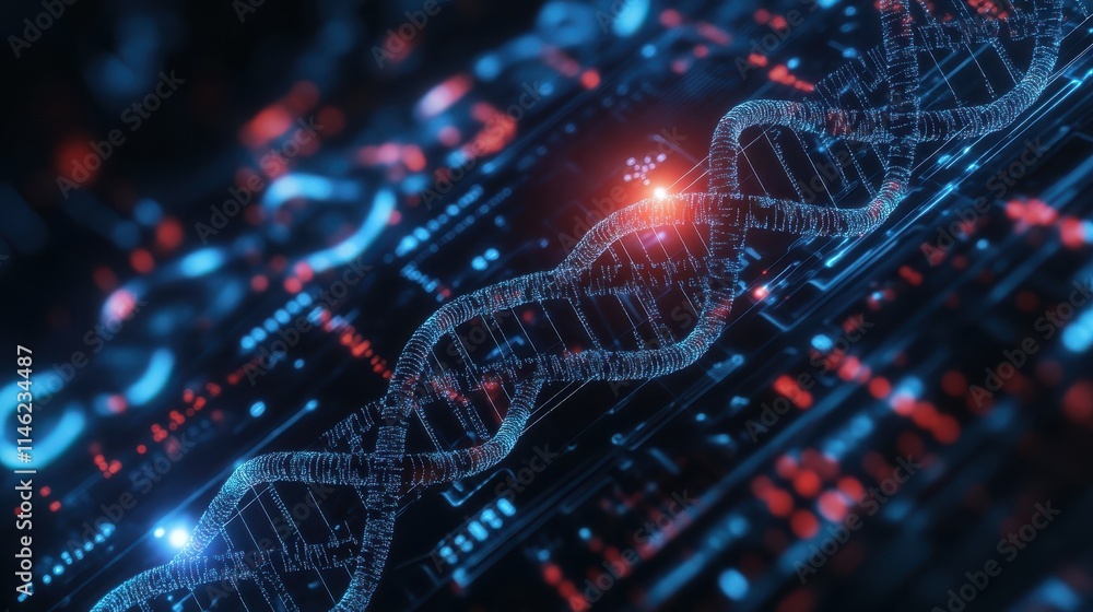 Poster abstract glowing circuit ai hologram with dna on blurry background. ai and science concept. double e