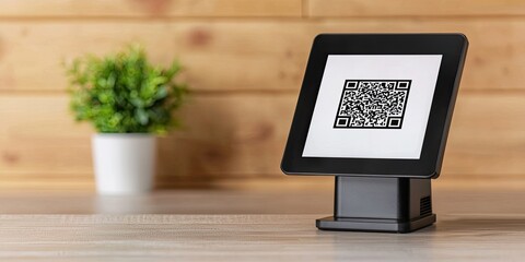 A sleek tablet displaying a QR code, positioned on a wooden table next to a small potted plant, showcasing modern technology in a cozy setting.