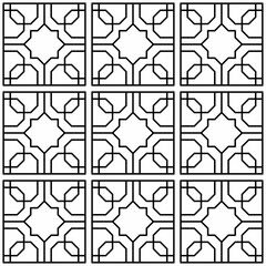 Islamic geometric seamless pattern featuring a symmetrical tile design in black lines on a white background. Suitable for backgrounds, wall decorations, tiles and cultural themes