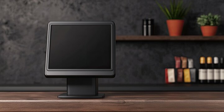 A sleek black monitor sits on a wooden table, complemented by a stylish shelf with potted plants and various bottles in a contemporary setting.