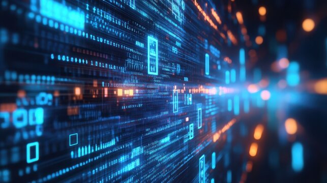 Abstract creative business charts and binary code on blue background. System engineering and digital transformation concept. 3D Rendering - Powered by Adobe