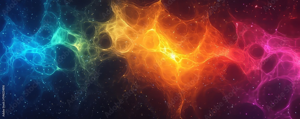 Poster chaotic color mixing abstract design with glowing colors, generative ai