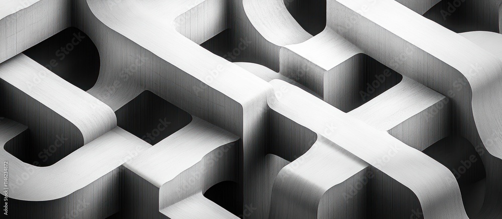 Poster abstract metallic design featuring intricate, interconnected shapes and smooth surfaces.