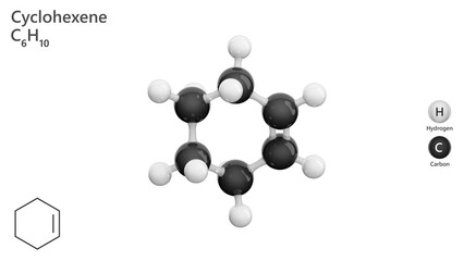 Molecule: Cyclohexene. Cyclic alkene. Molecular structure. Formula: C6H10. Chemical model: Ball and stick. White background. 3D illustration.