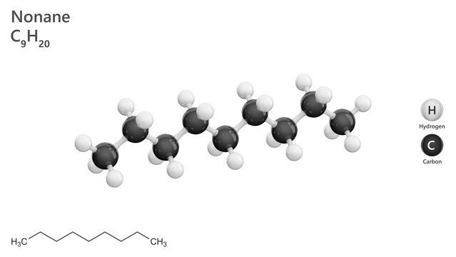 Nonane. Linear Alkane. Animated 3D model of a molecule. Molecular formula: C9H20. Chemical model: Ball and stick. White background. 3D rendering. Seamless loop.
