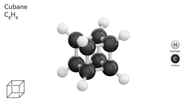 Molecule: Cubane. Molecular structure. Formula: C8H8. Chemical model: Ball and stick. White background. 3D illustration.