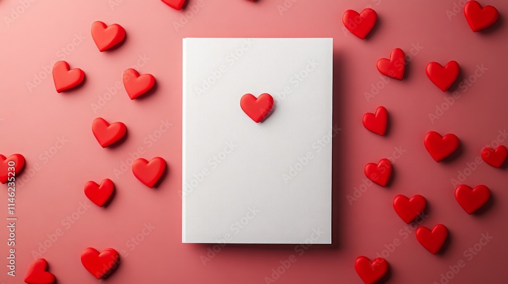 Poster scattered red heart shapes frame a white notebook placed on a soft pink surface. the arrangement cre