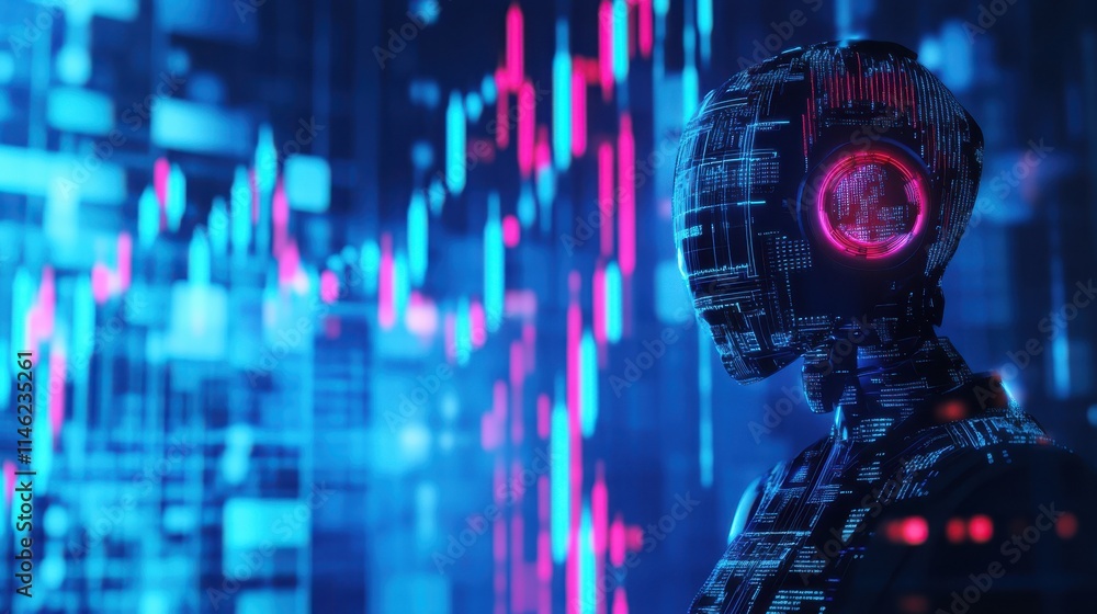 Poster artificial intellingence trading concept with robot silhouette at blue background and forex chart da
