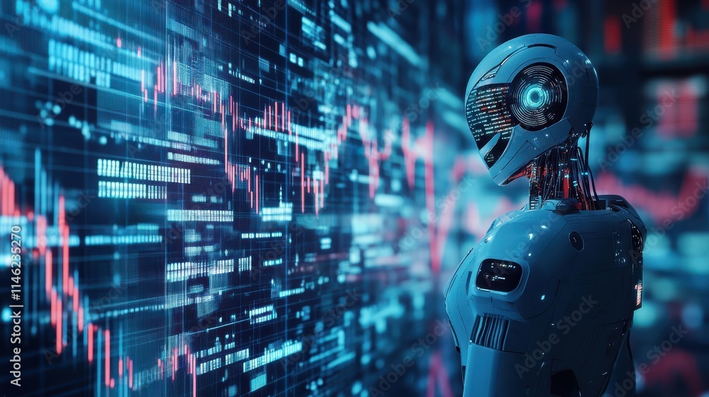 Poster artificial intellingence trading concept with robot silhouette at blue background and forex chart da