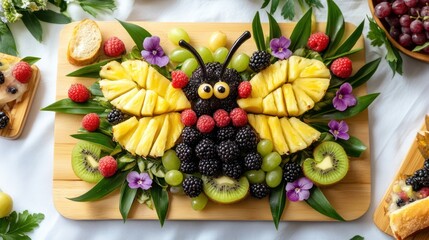 Butterfly-shaped fruit platter with berries and greenery.