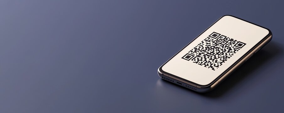 A smartphone displaying a QR code on a blue background, representing digital technology and modern communication. - Powered by Adobe