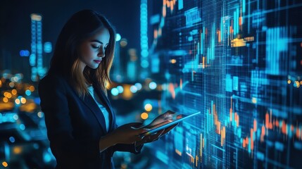 Attractive young european businesswoman using tablet while standing on abstract blue city background with index, candlestick forex chart and mock up place. Success, fintech, transform
