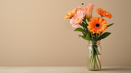 Orange and pink gerbera daisies and lily bouquet in a glass jar on a wooden table against a beige background.