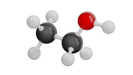 Molecule of Ethanol (Alcohol). Molecular formula: C2H5OH. Chemical model: Ball and Stick. Isolated. Transparent background. PNG transparent. 3D illustration