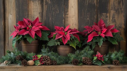 Fototapeta premium Red Poinsettia Plants with Pinecones and Greenery on Wooden Table