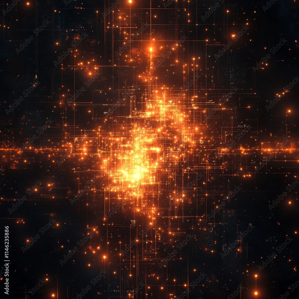 Poster abstract digital design with bright lights and glowing effects, generative ai