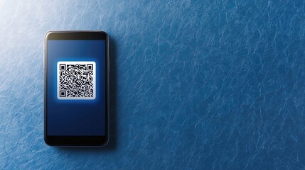 A smartphone displaying a QR code on a blue background, emphasizing digital connectivity and modern technology.