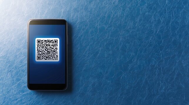 A smartphone displaying a QR code on a blue background, emphasizing digital connectivity and modern technology.